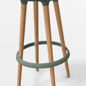 Tabouret haut avec assise ronde tapissée, pieds en bois massif et anneau repose-pieds. Idéal pour les espaces de restauration, bars collaboratifs ou coins café en entreprise.