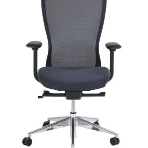 Fauteuil bureautique ergonomique – synchrone blocable 4 positions, tension latérale anti-retour, assise coulissante, dossier filet noir, accoudoirs 4D soft touch, assise gris anthracite, pied aluminium poli, roulettes Ø60 mm – option têtière réglable en hauteur Fauteuil de bureau ergonomique : mécanisme synchrone (4 positions), réglage de tension latéral anti-retour, translation d’assise, dossier mesh filet noir, accoudoirs 4D, assise gris anthracite, lift classe 4, base aluminium poli, roulettes Ø60 mm – option têtière réglable en hauteur