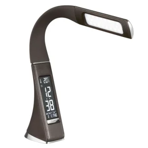 Lampe de bureau GILDA – LED 5W, bras flexible (25–50 cm), écran VA, horloge, calendrier, thermomètre, réveil snooze, USB – design imitation cuir & métal chromé, 394 lm, 5800 K Lampe GILDA : lampe de bureau LED 5W avec bras flexible, écran VA, horloge, calendrier, thermomètre, réveil snooze, alimentation USB – base 9×6 cm, largeur 22 cm, 394 lm, 5800 K – finition imitation cuir, métal chromé, ABS, caoutchouc
